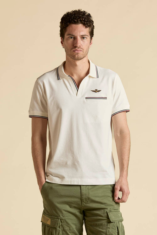 Polo Uomo Aeronautica Militare off white colletto aperto cotone stretch