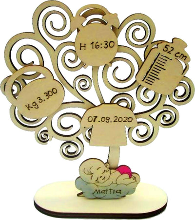 Albero della vita personalizzato in legno con dettagli di nascita incisi 20cm Fiartwood