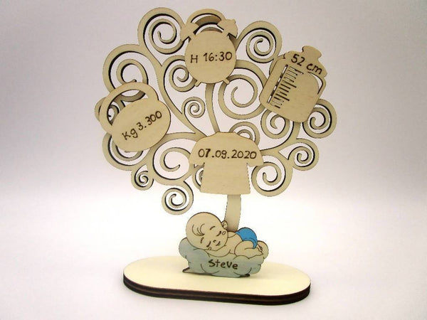 Albero della vita personalizzato in legno con dettagli di nascita incisi 20cm Fiartwood