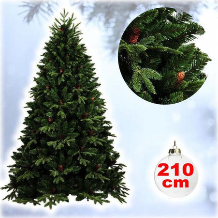 Albero-Di-Natale-Folto-Artificiale-210cm-Verde-Con-Pigne-900-Rami-Base-A-Croce