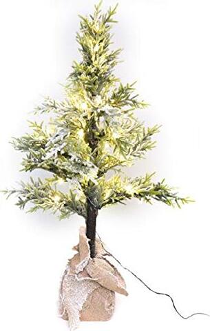 60cm/2ft Mini Albero di Natale da Tavolo Artificiale con Decorazione a Fiocco di Neve, 2 Tipi di Foglie di Pino, Cotone di Lino e Base in Cemento per Decorazioni Natalizie