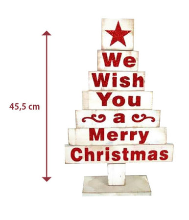Albero In Legno Bianco Con Scritte Natalizie In Rosso 45cm Decorazioni Natalizie
