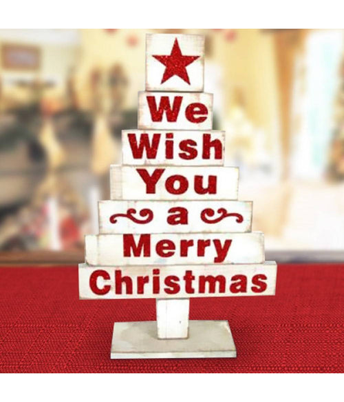 Albero In Legno Bianco Con Scritte Natalizie In Rosso 45cm Decorazioni Natalizie