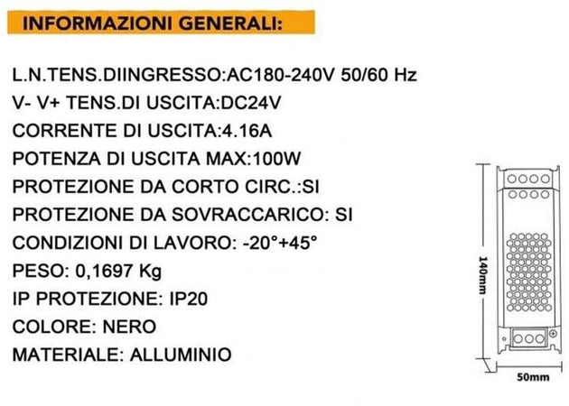 Alimentatore 100 W 24 V Trasformatore Stabilizzato Modello Slim Switch 4.16a Universo