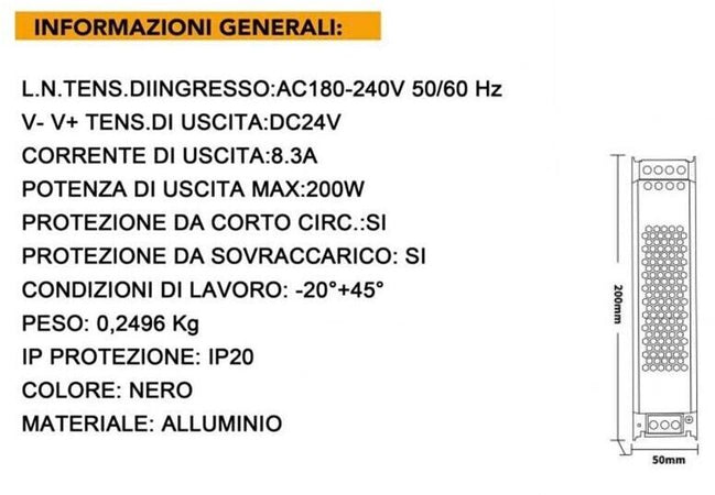 Alimentatore 200 W 24 V Trasformatore Stabilizzato Modello Slim Switch 8.3a Universo