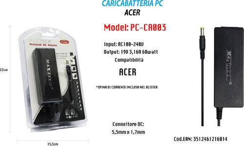 Alimentatore Caricabatteria Per Pc Notebook Acer 19v 3,16a 60w Maxtech Pc-ca003 Informatica e Videogiochi > Accessori PC > Alimentatori Notebook Trade Shop italia - Napoli, Commerciovirtuoso.it