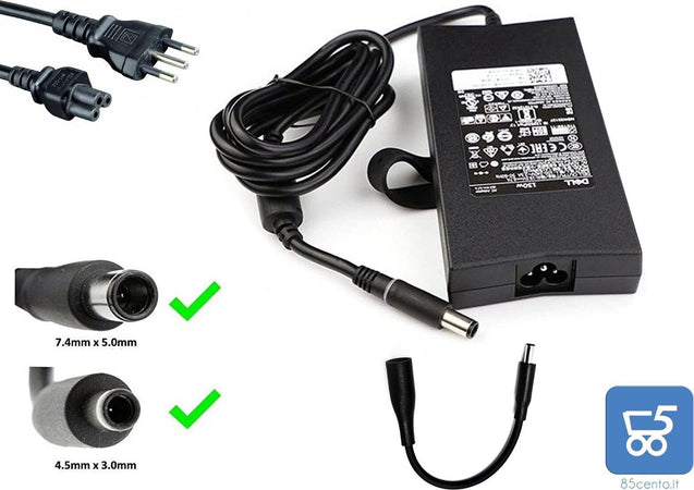 Alimentatore originale Dell 19,5V 130W 6,7A connettore tondo grande 7.4x5.0mm più adattatore a spinotto piccolo 4.5x3.0 con cavo di alimentazione - Ricondizionato
