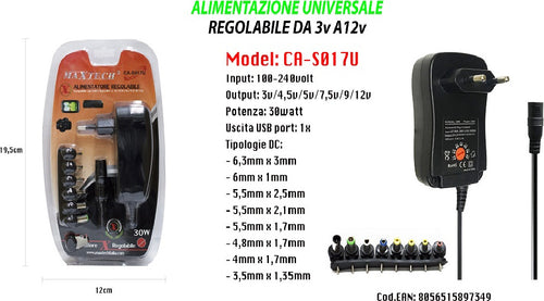 Alimentatore Universale Regolabile Da 3v A 12v Caricabatterie 30w Maxtech Ca-s017u Casa, arredamento e bricolage > Illuminazione da interno > LED e Trasformatori Trade Shop italia - Napoli, Commerciovirtuoso.it