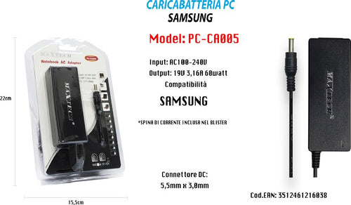 Alimentazione Caricabatteria Universale Pc Samsung Notebook 19v 3,16a 60w Pc-ca005 Informatica e Videogiochi > Accessori PC > Alimentatori Notebook Trade Shop italia - Napoli, Commerciovirtuoso.it
