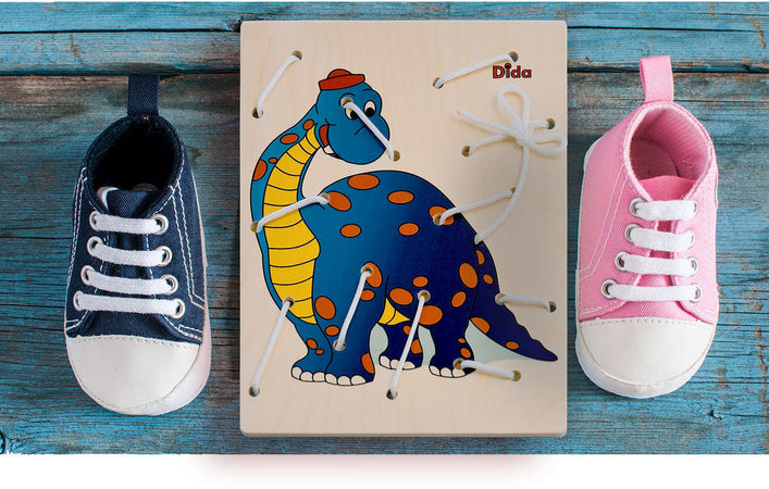 Allacciatura Dinosauro Gioco in Legno per Bambini Metodo Montessori Dida