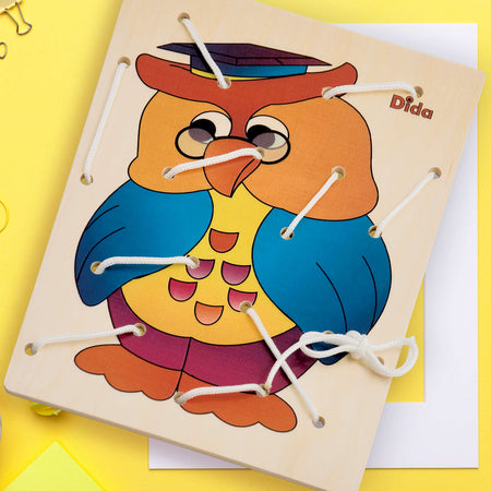 Allacciatura Gufo Gioco in Legno per Bambini Metodo Montessori Dida