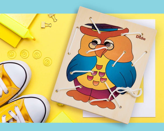 Allacciatura Gufo Gioco in Legno per Bambini Metodo Montessori Dida