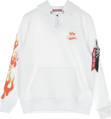 ALPHA-INDUSTRIES-Felpa-Cappuccio-Uomo-Flame-Hoody-X-Hot-Wheels-White-da-uomo