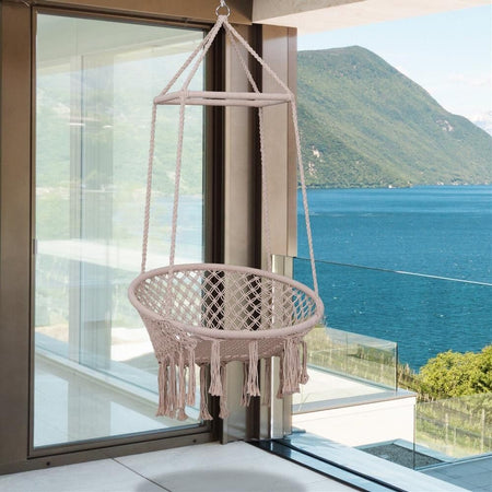 Amaca Sedia Sospesa Ad Altalena Dondolo In Legno Corda Intrecciata Cotone Beige Giardino e giardinaggio/Arredamento da giardino e accessori/Amache sedie sospese e accessori/Amache Trade Shop italia - Napoli, Commerciovirtuoso.it
