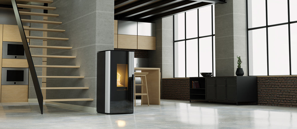 Termo Stufa a pellet 17 kw Hydro "Steel" per ambienti moderni h 112 cm