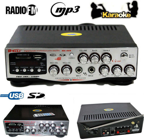 AMPLIFICATORE AUDIO STEREO DISPLAY DIGITALE 2 MICROFONI USB SD MP3 FM MA-009  Trade Shop italia - Napoli, Commerciovirtuoso.it