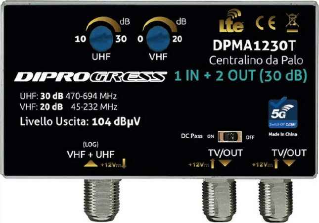 Amplificatore-da-palo-30dB-regolabile-con-filtro-LTE-5G-1-Ingresso-/-2-Uscite-DIPROGRESS-DPMA1230T