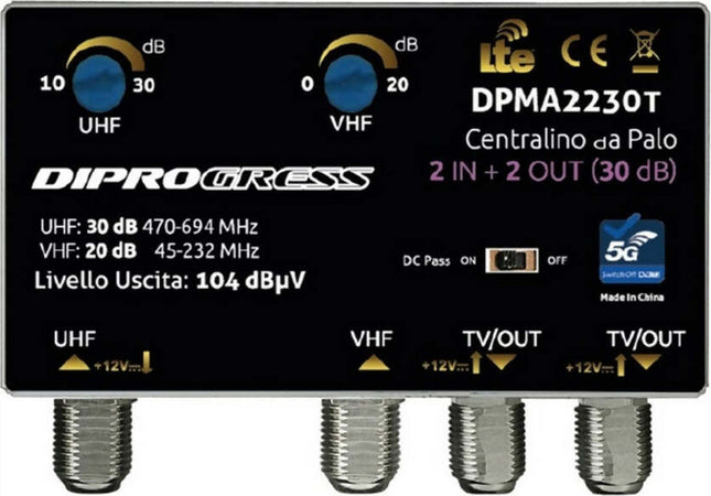 Amplificatore-da-palo-30dB-regolabile-con-filtro-LTE-5G-2-Ingressi-/-2-Uscite-DIPROGRESS-DPMA2230T