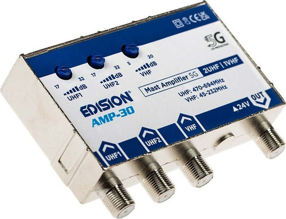 Amplificatore-da-palo-32dB-regolabile-con-filtro-5G-LTE-3-Ingressi-/-1-Uscita-EDISION-AMP-30-con-alimentatore-24V-200mA-EDISION-PSU-2402
