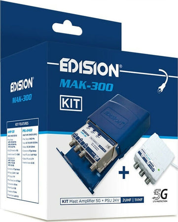 Amplificatore-da-palo-32dB-regolabile-con-filtro-5G-LTE-3-Ingressi-/-1-Uscita-EDISION-AMP-30-con-alimentatore-24V-200mA-EDISION-PSU-2402