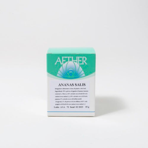 Ananas salis integratore alimentare di polvere di gambo d’ananas, estratto secco di rosa canina con 50% di vitamina C, estratto secco di papaya, bioflavonoidi da agrumi, polvere di clorofillina e sale spagirico di rosa canina - aether