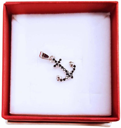 Ancora Ciondolo Pendente in Oro Bianco 18 kt con Agate Nere Incassate Made in Italy Artigianale Gioiello Porta Fortuna