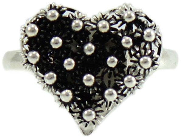 Anello Da Donna Filigrana Sarda in Argento Brunito 925 ‰ Anello Cuore a Nido D'ape 14x14 Mm