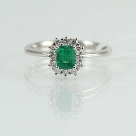 Anello donna classico Mirco Visconti in oro bianco con smeraldo ottagonale e diamanti