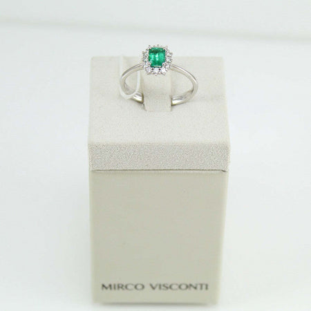 Anello donna classico Mirco Visconti in oro bianco con smeraldo ottagonale e diamanti