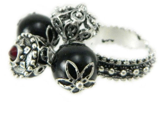 Anello fede Sardegna in argento brunito con Su Coccu e bottoni pendenti