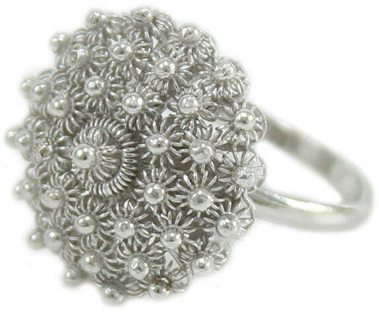 Anello donna filigrana sarda in argento a fiore tondo a nido d'ape rodiato