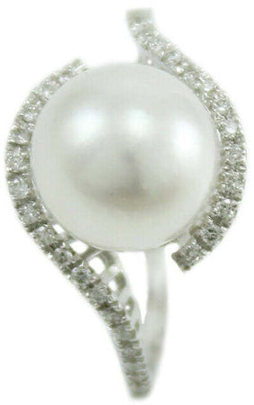 Anello donna oro bianco perla Australiana bianca 10 mm con diamanti Coscia