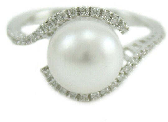 Anello donna oro bianco perla Australiana bianca 10 mm con diamanti Coscia