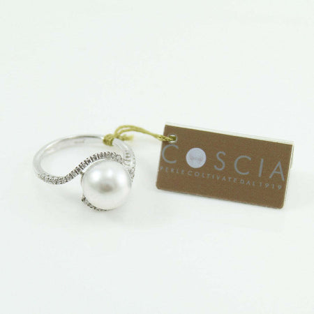 Anello donna oro bianco perla Australiana bianca 10 mm con diamanti Coscia