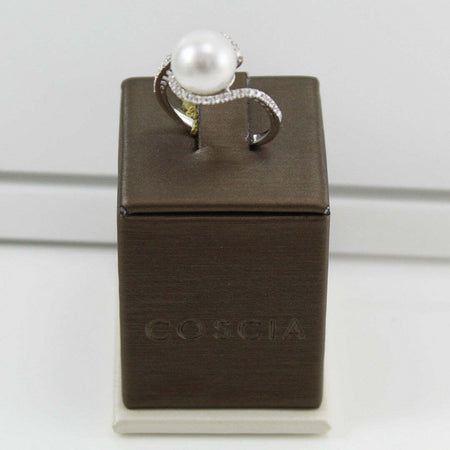 Anello donna oro bianco perla Australiana bianca 10 mm con diamanti Coscia