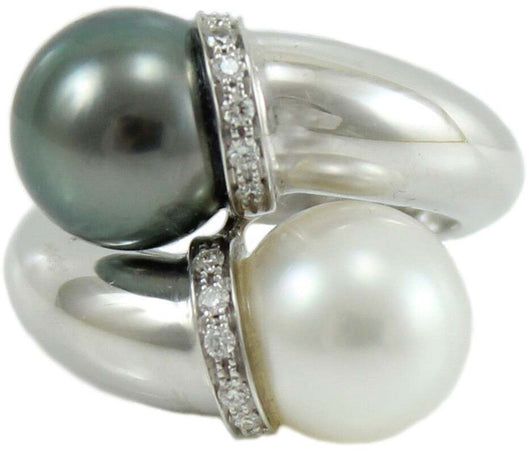 Anello donna oro bianco perla Tahiti grigia e Australiana bianca contrarié con diamanti Coscia