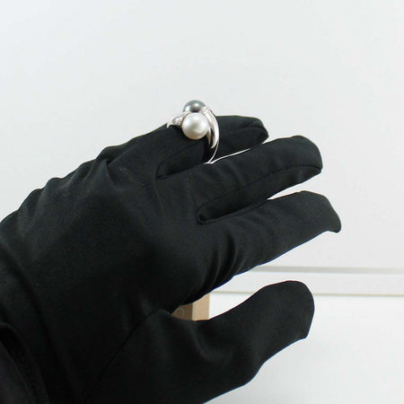 Anello donna oro bianco perla Tahiti grigia e Australiana bianca contrarié con diamanti Coscia
