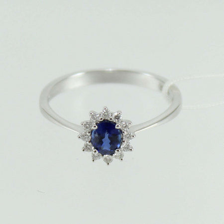 Anello donna princess Mirco Visconti in oro bianco zaffiro e diamanti.