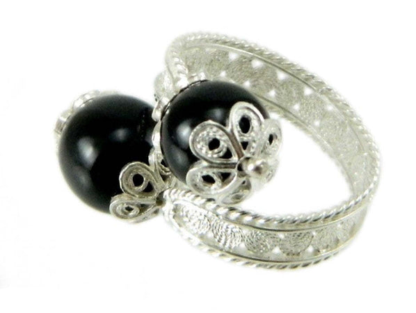Anello Su Coccu filigrana sarda in argento brunito contrariè con pietre nere