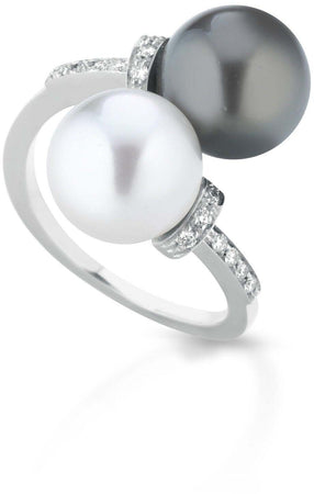 Anello oro bianco perla Tahiti grigia e Edison bianca Coscia