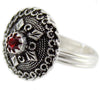 Anello sardo da donna a bottone con pietra rossa in argento brunito