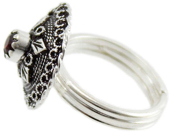 Anello sardo da donna a bottone con pietra rossa in argento brunito