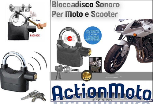 ANTIFURTO-SONORO-MOTO-SCOOTER-LUCCHETTO-BLOCCADISCO-ALLARME-IMPERMEABILE-110dBa