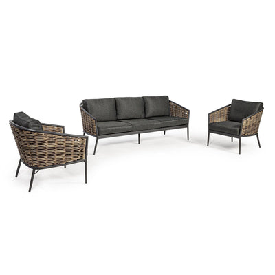 Salottino Maribela a 5 posti, con divanetto e poltrone, struttura in alluminio, cuscini comodi