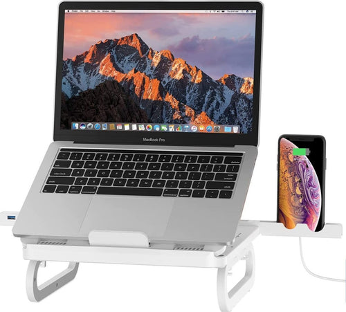 AOPOY - Supporto PC Portatile, Supporto per Laptop Multi-Angolo Regolabile - Compatibile per Laptop (10-17 Pollici) MacBook PRO/Air, Surface Laptop, Samsung, HP (BIANCO) con prese USB e portacellulare integrato