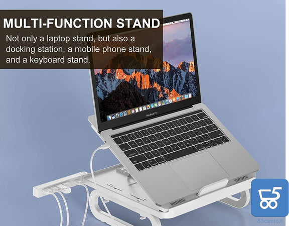AOPOY - Supporto PC Portatile, Supporto per Laptop Multi-Angolo Regolabile - Compatibile per Laptop (10-17 Pollici) MacBook PRO/Air, Surface Laptop, Samsung, HP (BIANCO) con prese USB e portacellulare integrato