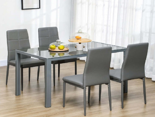 AOS64-NUOVO-SVENDITA-set-tavolo-+-4-sedie-grigio-pelle-soggiorno-salotto-tavolo-in-acciaio-e-vetro-cucina