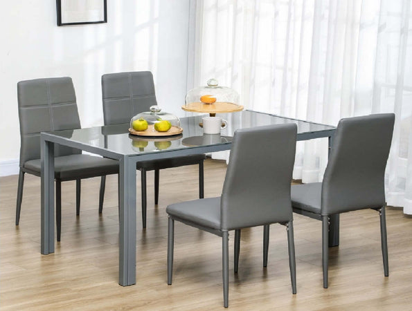 AOS64-NUOVO-SVENDITA-set-tavolo-+-4-sedie-grigio-pelle-soggiorno-salotto-tavolo-in-acciaio-e-vetro-cucina