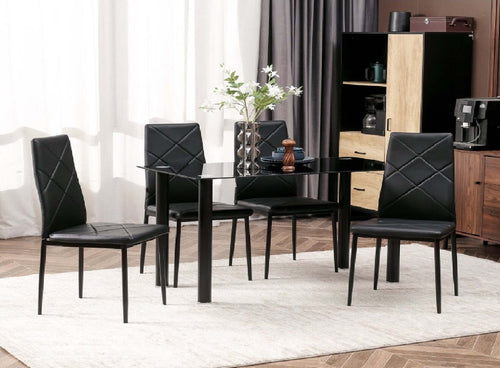 AOS65-NUOVO-SVENDITA-set-tavolo-+-4-sedie-nero-pelle-soggiorno-salotto-tavolo-in-acciaio-e-vetro-CUCINA