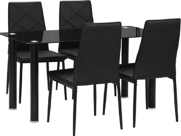 AOS65-NUOVO-SVENDITA-set-tavolo-+-4-sedie-nero-pelle-soggiorno-salotto-tavolo-in-acciaio-e-vetro-CUCINA